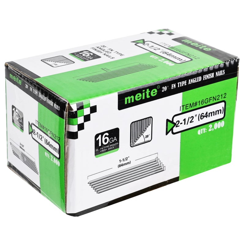 meite 16 Gauge Angled Finish Nails 2-1/2-Inch 20-Degree Galvanized Finishing Nails for Electric or Pneumatic Nailer Guns - Perfect for Window Trim, Cabinet Building and Other DIY Projects (2,000 PCS) - Image 1